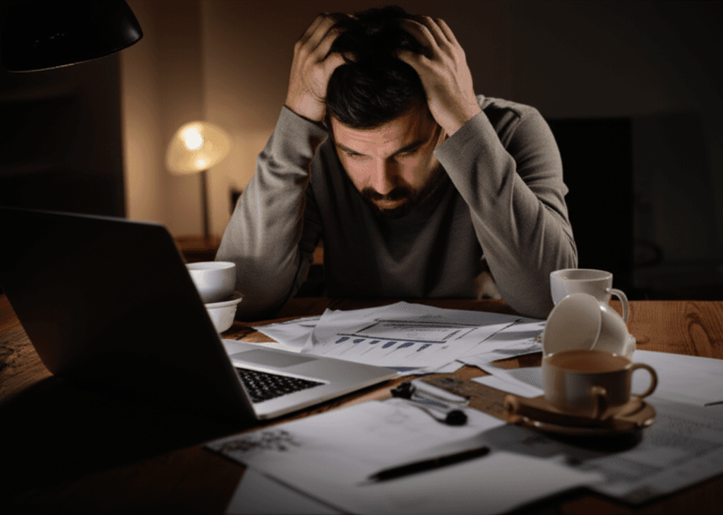 Overwhelmed entrepreneur struggling with business challenges